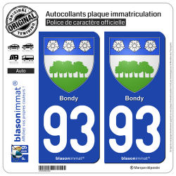 2 Autocollants plaque immatriculation Auto 93 Bondy - Armoiries