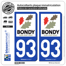 2 Autocollants plaque immatriculation Auto 93 Bondy - Ville