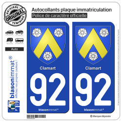 2 Autocollants plaque immatriculation Auto 92 Clamart - Armoiries