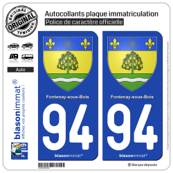 2 Autocollants plaque immatriculation Auto 94 Fontenay-sous-Bois - Armoiries