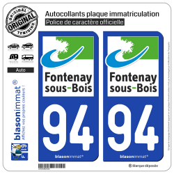 2 Autocollants plaque immatriculation Auto 94 Fontenay-sous-Bois - Ville