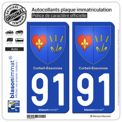 2 Autocollants plaque immatriculation Auto 91 Corbeil-Essonnes - Armoiries