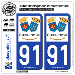 2 Autocollants plaque immatriculation Auto 91 Corbeil-Essonnes - Ville