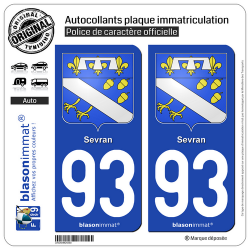 2 Autocollants plaque immatriculation Auto 93 Sevran - Armoiries