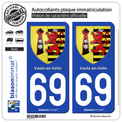 2 Autocollants plaque immatriculation Auto 69 Vaulx-en-Velin - Armoiries