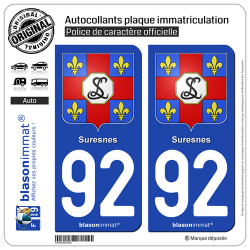 2 Autocollants plaque immatriculation Auto 92 Suresnes - Armoiries
