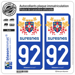 2 Autocollants plaque immatriculation Auto 92 Suresnes - Ville