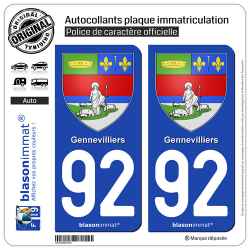 2 Autocollants plaque immatriculation Auto 92 Gennevilliers - Armoiries