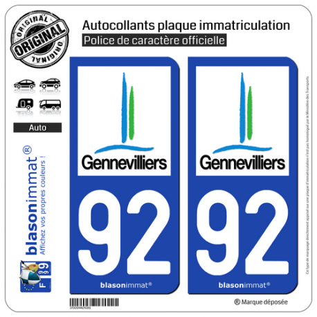 2 Autocollants plaque immatriculation Auto 92 Gennevilliers - Ville