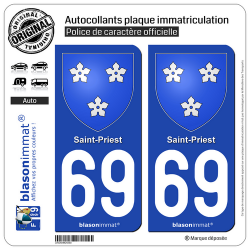 2 Autocollants plaque immatriculation Auto 69 Saint-Priest - Armoiries