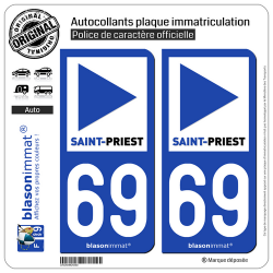 2 Autocollants plaque immatriculation Auto 69 Saint-Priest - Ville
