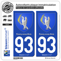 2 Autocollants plaque immatriculation Auto 93 Rosny-sous-Bois - Armoiries