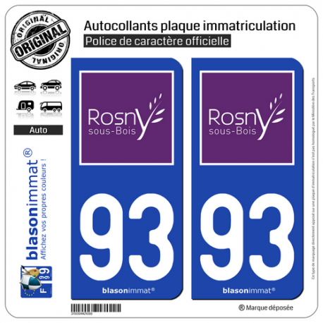 2 Autocollants plaque immatriculation Auto 93 Rosny-sous-Bois - Ville