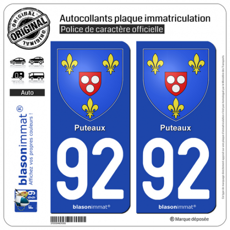 2 Autocollants plaque immatriculation Auto 92 Puteaux - Armoiries