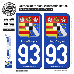 2 Autocollants plaque immatriculation Auto 93 Livry-Gargan - Armoiries