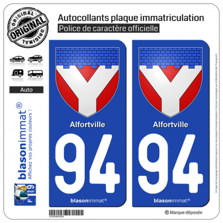 2 Autocollants plaque immatriculation Auto 94 Alfortville - Armoiries