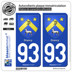 2 Autocollants plaque immatriculation Auto 93 Drancy - Armoiries