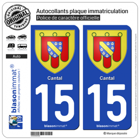 2 Autocollants plaque immatriculation Auto 15 Cantal - Armoiries