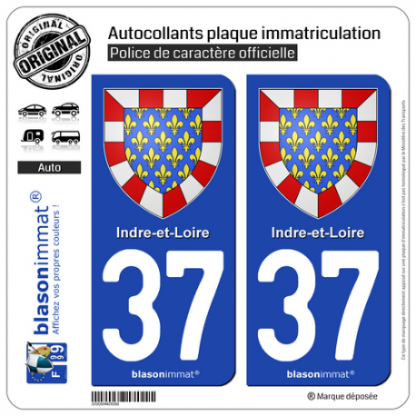 2 Autocollants plaque immatriculation Auto 37 Indre-et-Loire - Armoiries