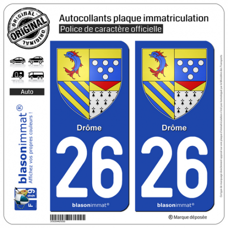 2 Autocollants plaque immatriculation Auto 26 Drôme - Armoiries