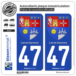 2 Autocollants plaque immatriculation Auto 47 Lot-et-Garonne - Armoiries II