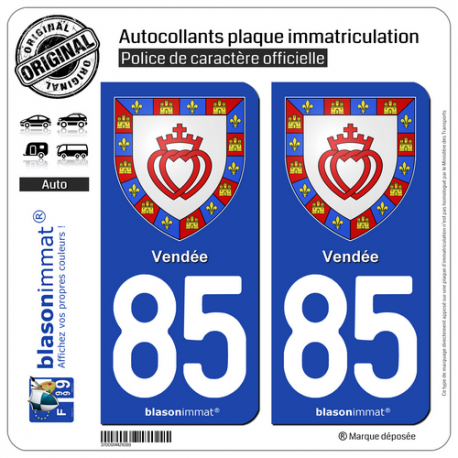 2 Autocollants plaque immatriculation Auto 85 Vendée - Armoiries