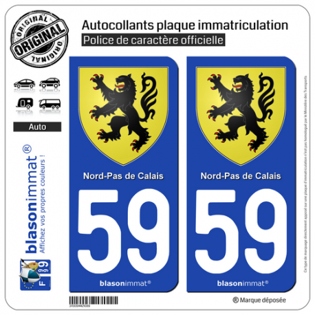2 Autocollants plaque immatriculation Auto 59 Nord-Pas de Calais - Armoiries