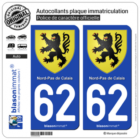 2 Autocollants plaque immatriculation Auto 62 Nord-Pas de Calais - Armoiries