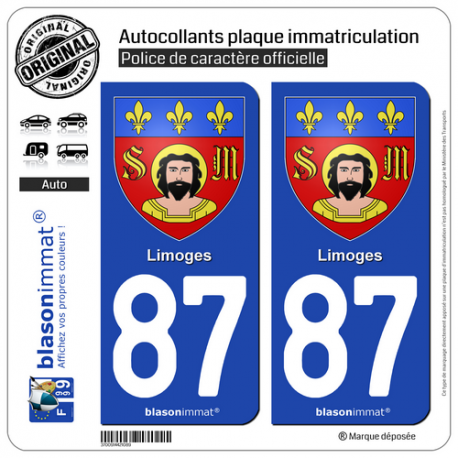 2 Autocollants plaque immatriculation Auto 87 Limoges - Armoiries
