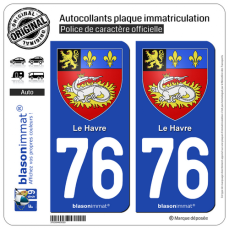 2 Autocollants plaque immatriculation Auto 76 Le Havre - Armoiries