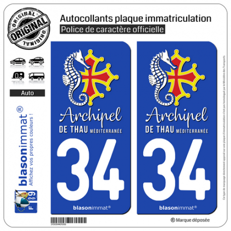 2 Autocollants plaque immatriculation Auto 34 Thau - Archipel II