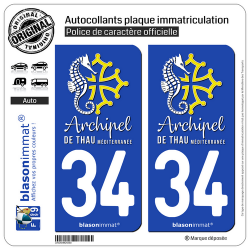 2 Autocollants plaque immatriculation Auto 34 Thau - Archipel