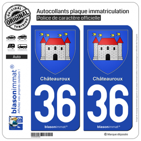 2 Autocollants plaque immatriculation Auto 36 Châteauroux - Armoiries