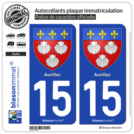 2 Autocollants plaque immatriculation Auto 15 Aurillac - Armoiries