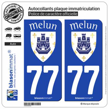 2 Autocollants plaque immatriculation Auto 77 Melun - Ville