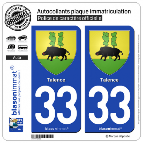 2 Autocollants plaque immatriculation Auto 33 Talence - Armoiries