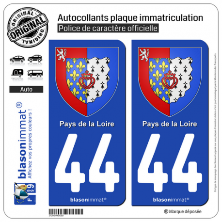 2 Autocollants plaque immatriculation Auto 44 Pays de la Loire - Armoiries