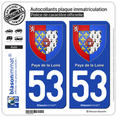2 Autocollants plaque immatriculation Auto 53 Pays de la Loire - Armoiries