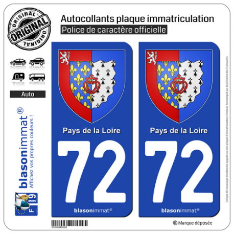 2 Autocollants plaque immatriculation Auto 72 Pays de la Loire - Armoiries