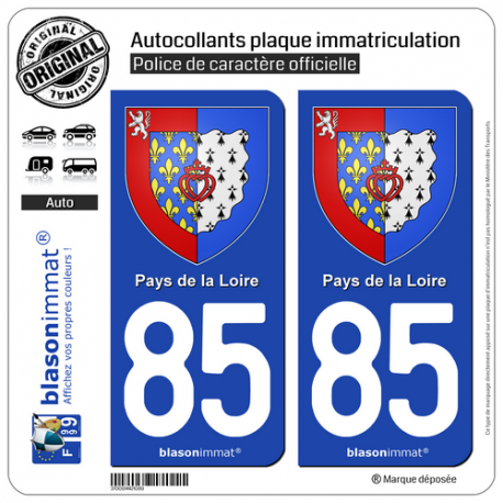 2 Autocollants plaque immatriculation Auto 85 Pays de la Loire - Armoiries