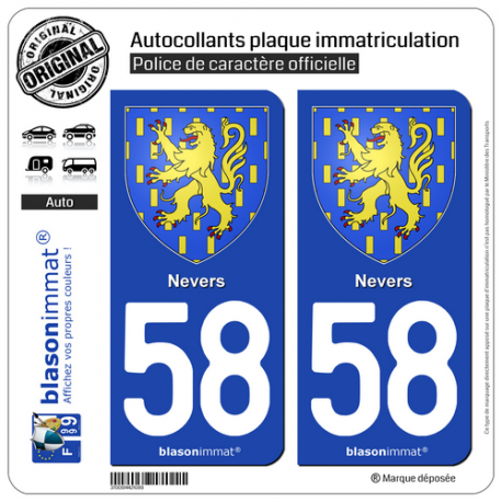 2 Autocollants plaque immatriculation Auto 58 Nevers - Armoiries