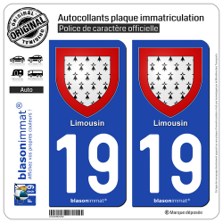 2 Autocollants plaque immatriculation Auto 19 Limousin - Armoiries