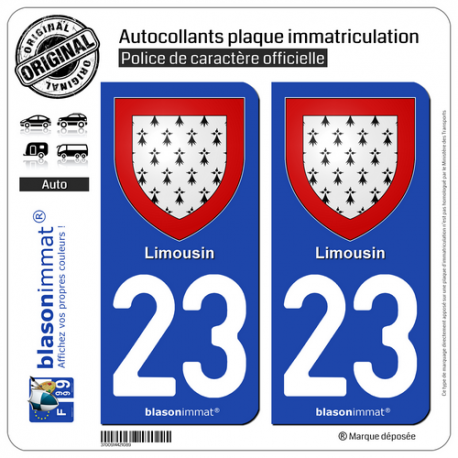 2 Autocollants plaque immatriculation Auto 23 Limousin - Armoiries