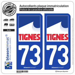 Jeu de 2 Stickers pour plaques d'immatriculation auto - Modèle : 73 Tignes - Commune