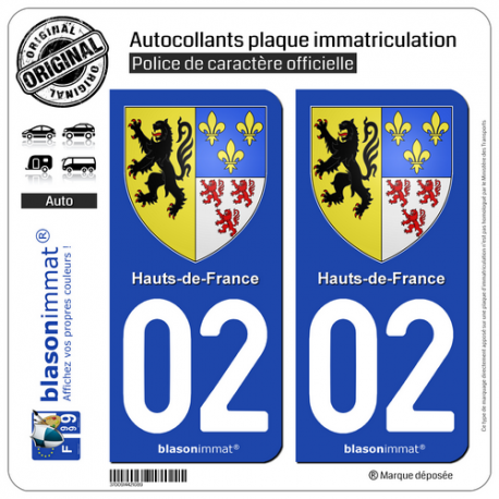 2 Autocollants plaque immatriculation Auto 02 Hauts-de-France - Armoiries