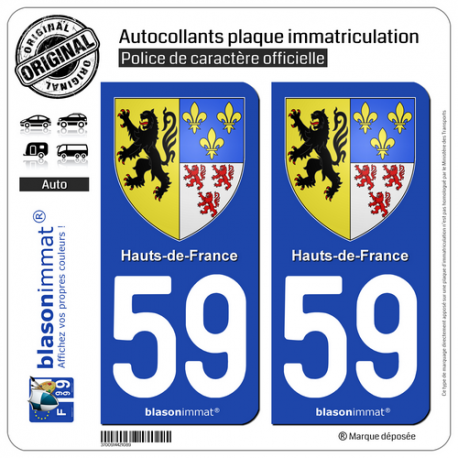 2 Autocollants plaque immatriculation Auto 59 Hauts-de-France - Armoiries