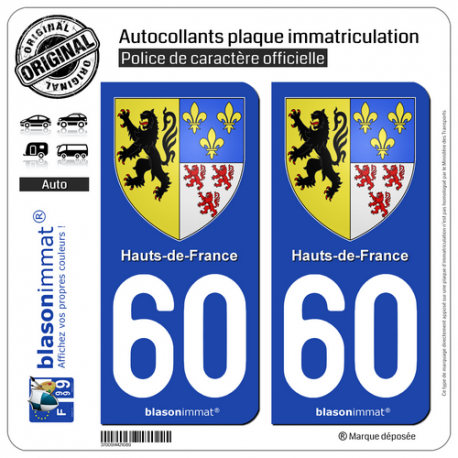 2 Autocollants plaque immatriculation Auto 60 Hauts-de-France - Armoiries
