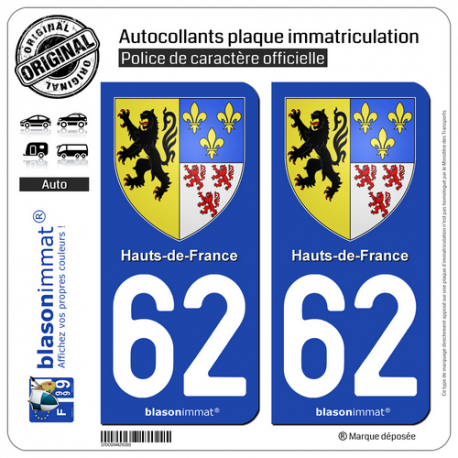 2 Autocollants plaque immatriculation Auto 62 Hauts-de-France - Armoiries