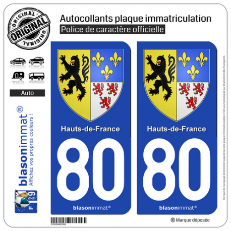 2 Autocollants plaque immatriculation Auto 80 Hauts-de-France - Armoiries