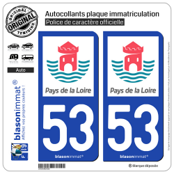 2 Autocollants plaque immatriculation Auto 53 Pays de la Loire - Tourisme
